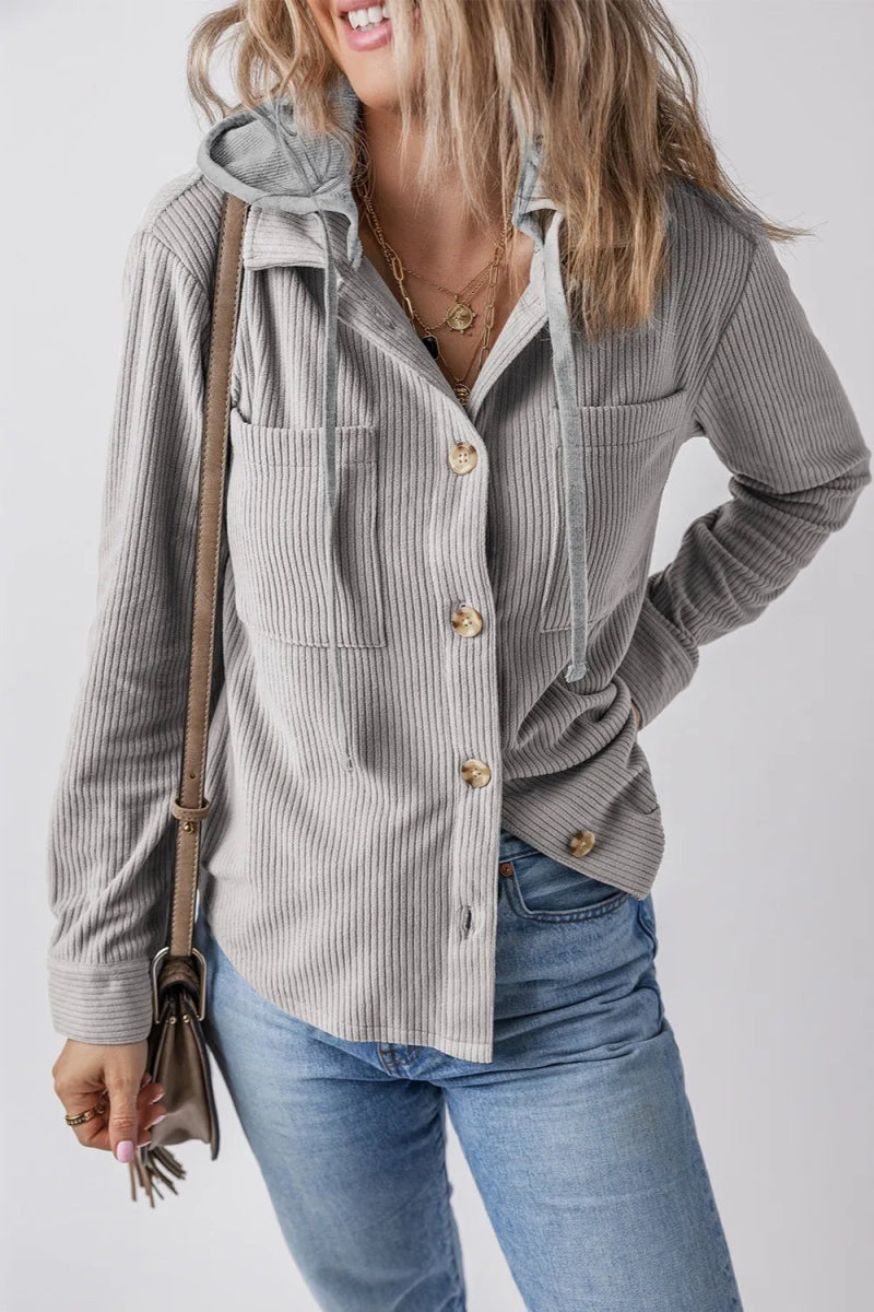 Drawstring Button Up Long Sleeve Hooded Jacket - CELIVINE