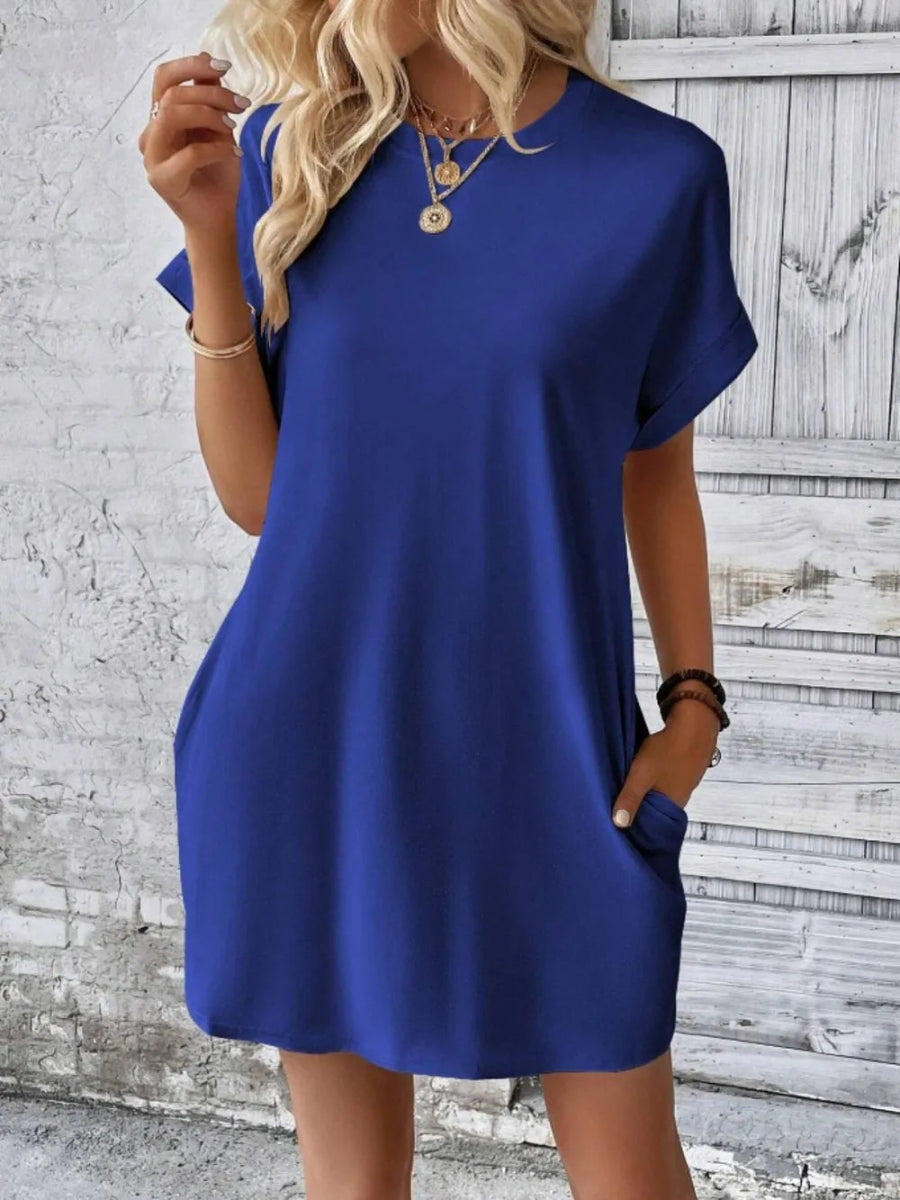 Pocketed Round Neck Short Sleeve Dress - CELIVINE