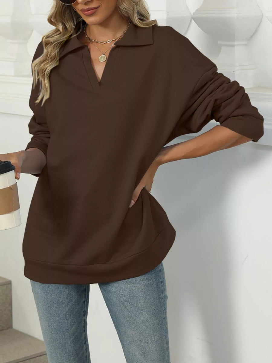 Johnny Collar Drop Shoulder Long Sleeve Sweatshirt - CELIVINE