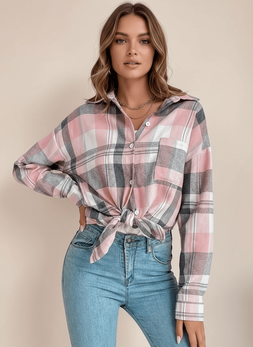 Plaid Button Up Long Sleeve Shirt - CELIVINE