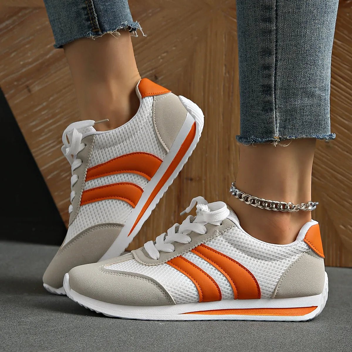 Striped Contrast Mesh Lace Up Sneakers - CELIVINE