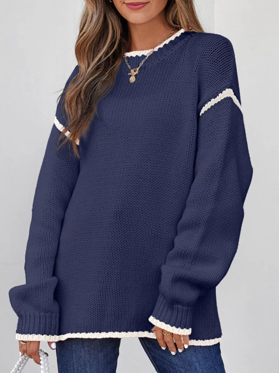 Contrast Trim Long Sleeve Sweater - CELIVINE