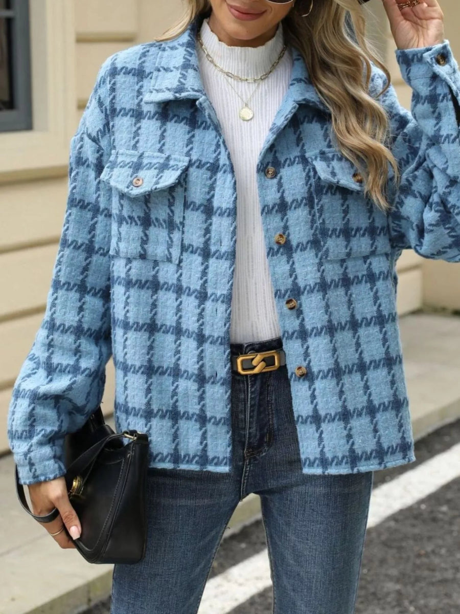 Plaid Button Up Long Sleeve Jacket - CELIVINE