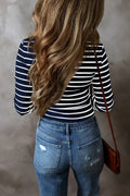 Striped V - Neck Long Sleeve Top - CELIVINE