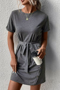 Decorative Button Tie - Waist Cuffed Sleeve Tee Dress - CELIVINE