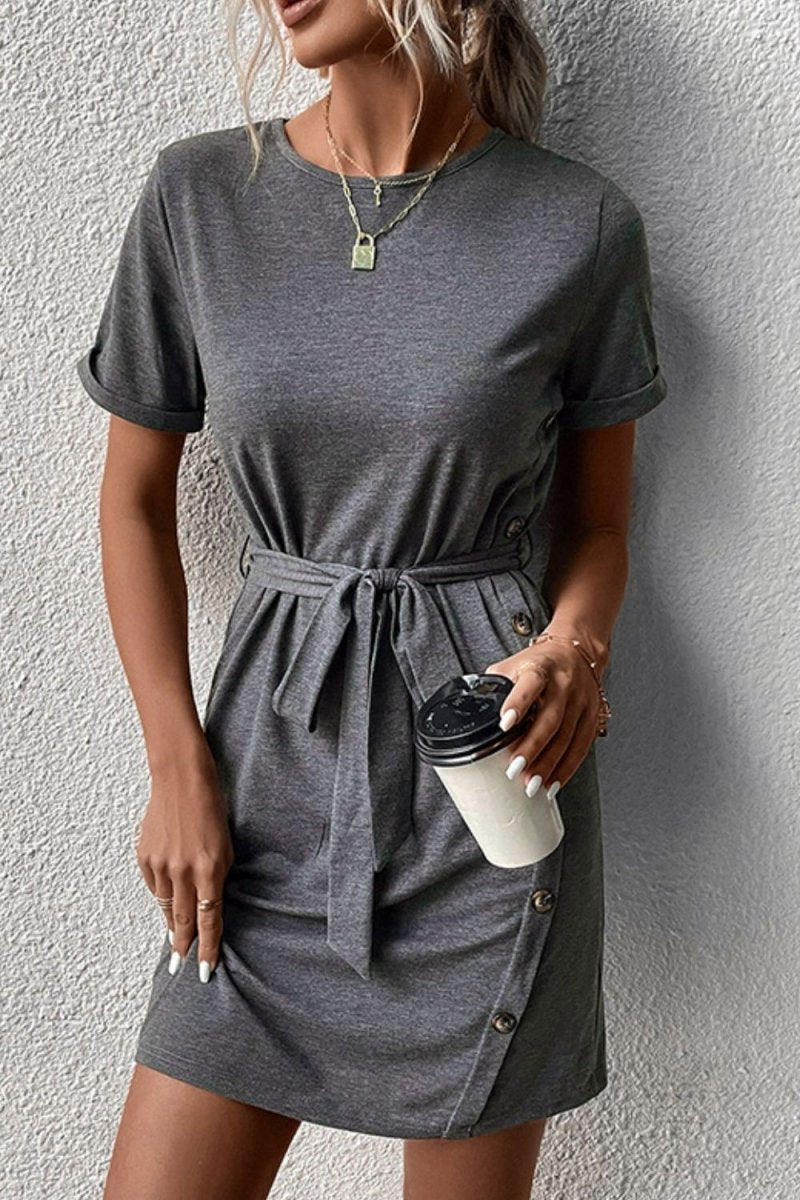 Decorative Button Tie - Waist Cuffed Sleeve Tee Dress - CELIVINE