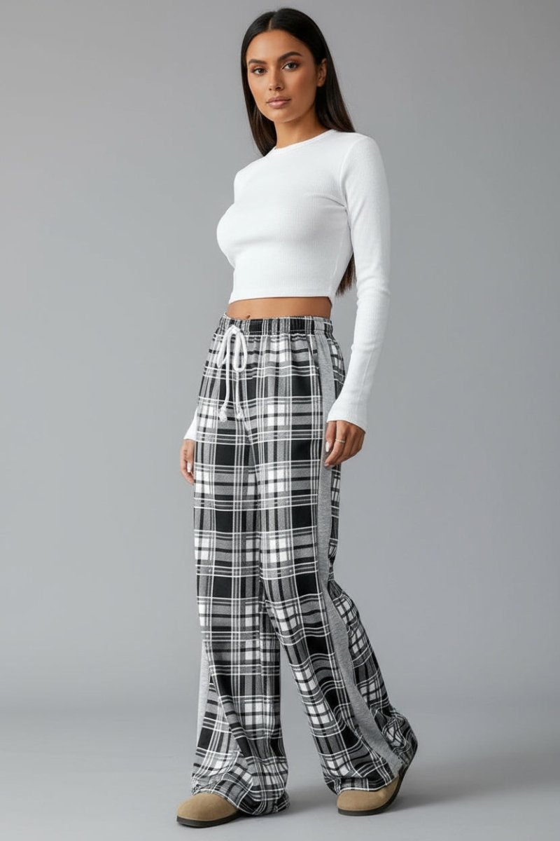 Perfee Drawstring Plaid Wide Leg Pants - CELIVINE