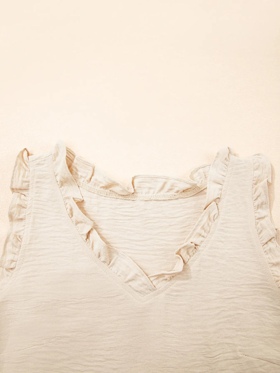 Texture Ruffle Trim V - Neck Tank Top - CELIVINE