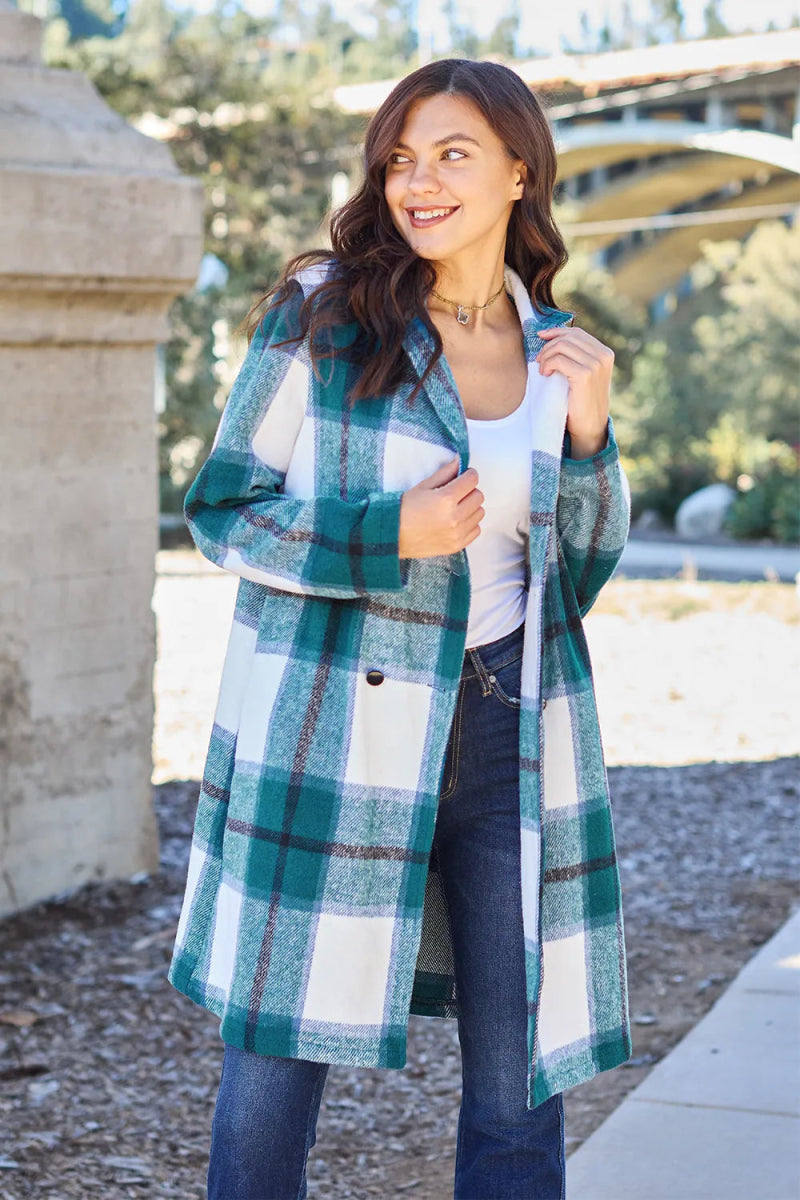 Double Take Full Size Plaid Button Up Lapel Collar Coat - CELIVINE