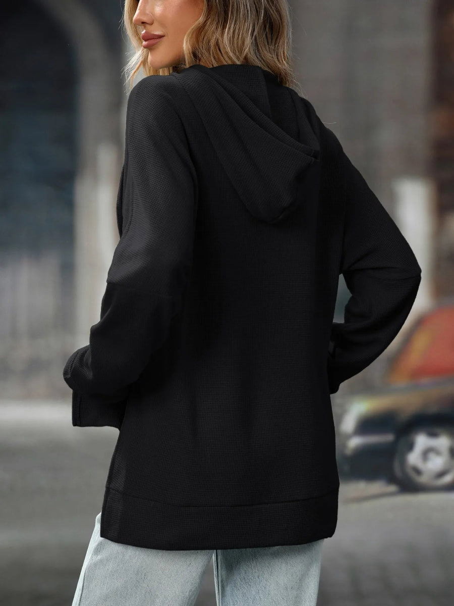 Textured Drawstring Long Sleeve Hoodie - CELIVINE