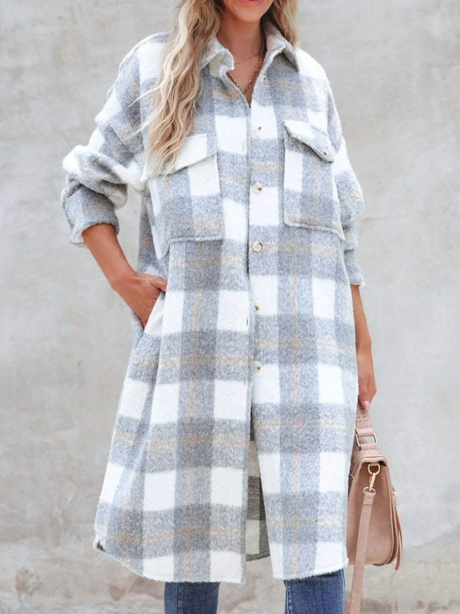 Oversized Plaid Button Up Longline Jacket - CELIVINE