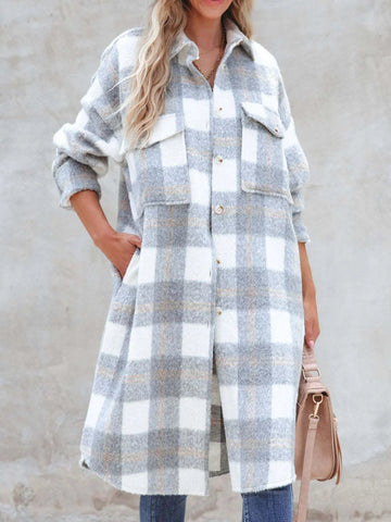 Oversized Plaid Button Up Longline Jacket - CELIVINE