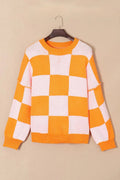 Checkered Exposed Seam Drooped Shoulder Sweater - CELIVINE
