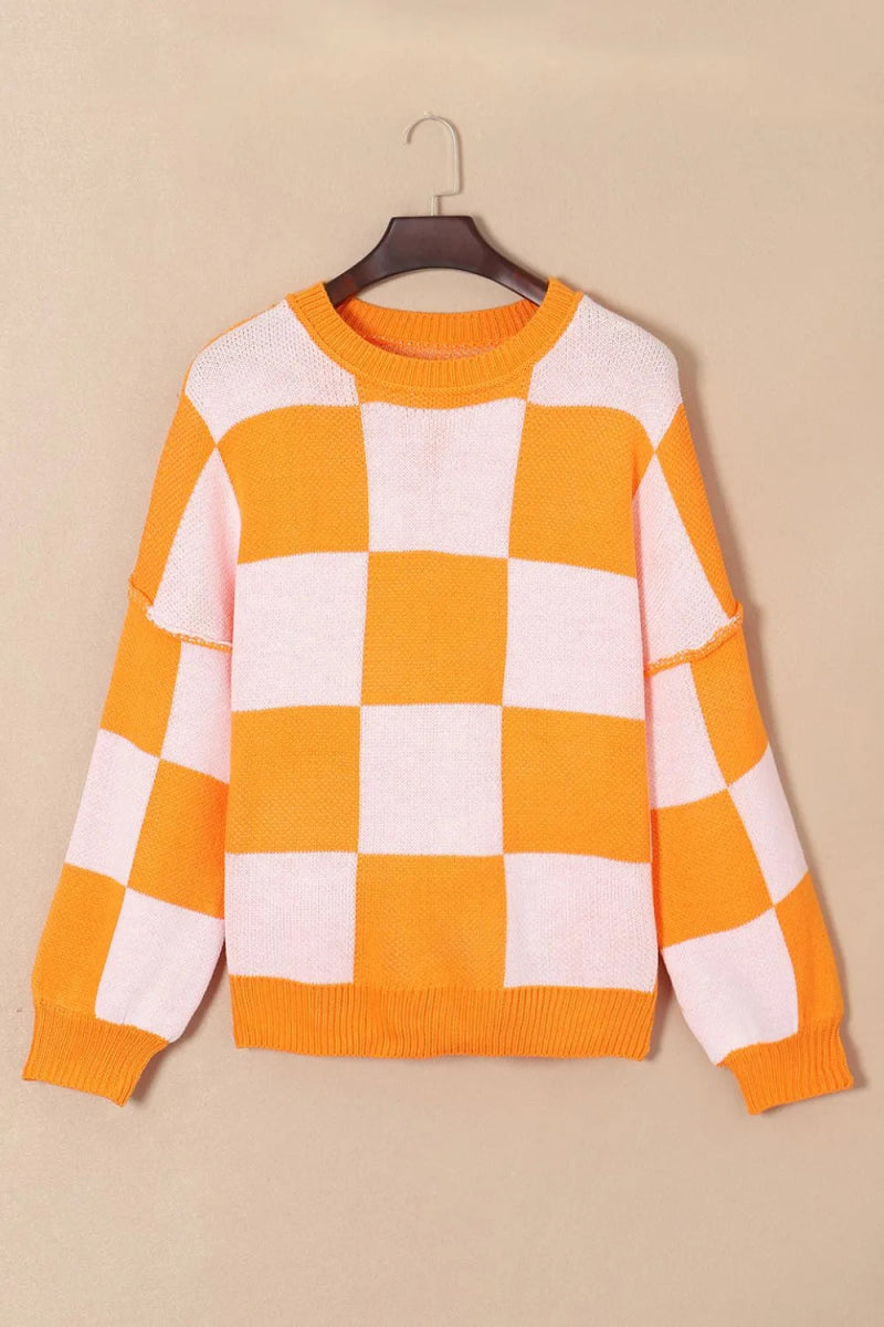 Checkered Exposed Seam Drooped Shoulder Sweater - CELIVINE