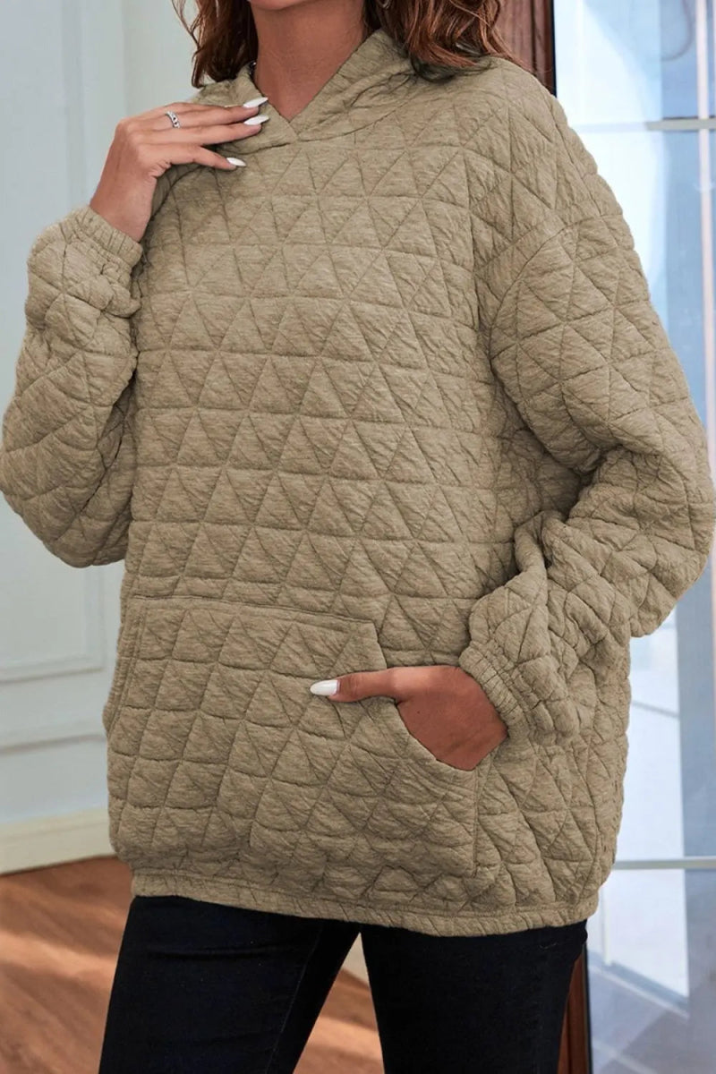 Quilted Long Sleeve Hoodie with Pocket - CELIVINE
