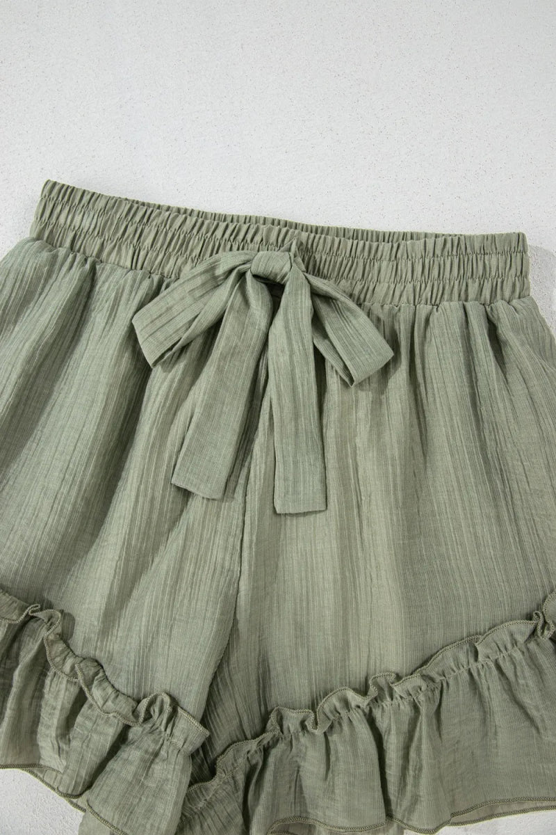 Textured Tie Waist Ruffle Hem Shorts - CELIVINE