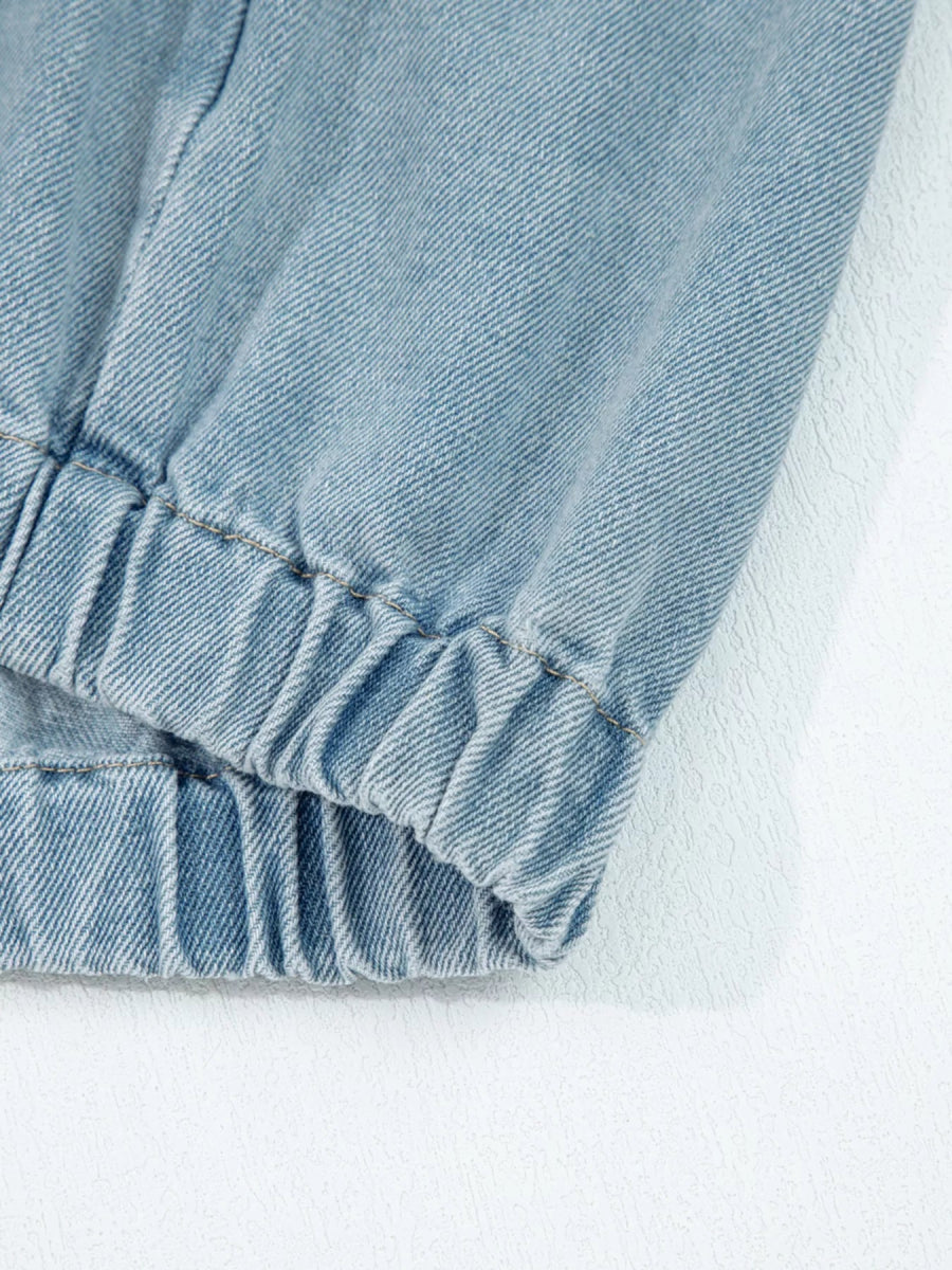 Elastic Edge Collared Zip Up Denim Jacket With Pocket - CELIVINE