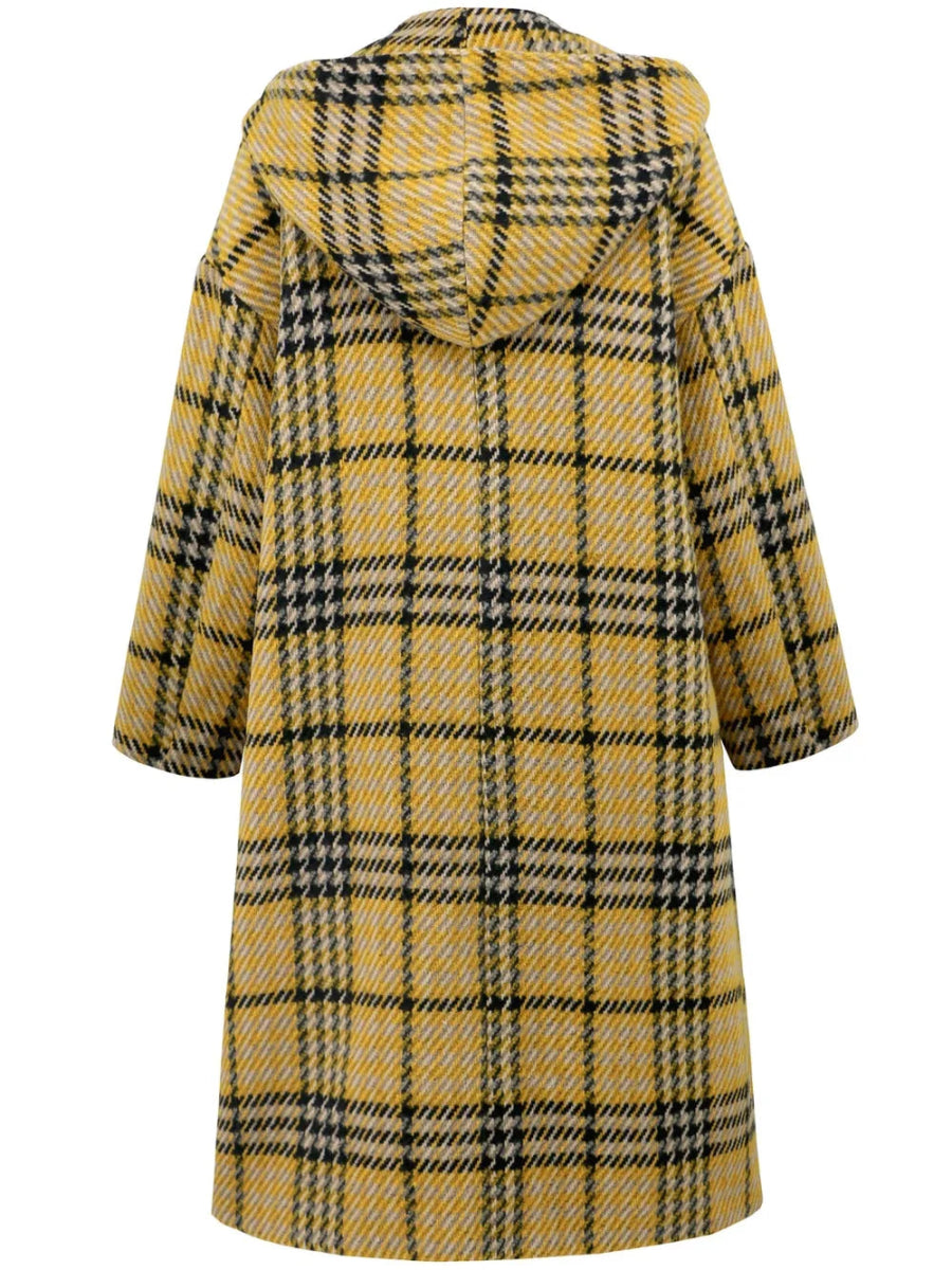 Plaid Double - Breasted Long Sleeve Longline Coat - CELIVINE