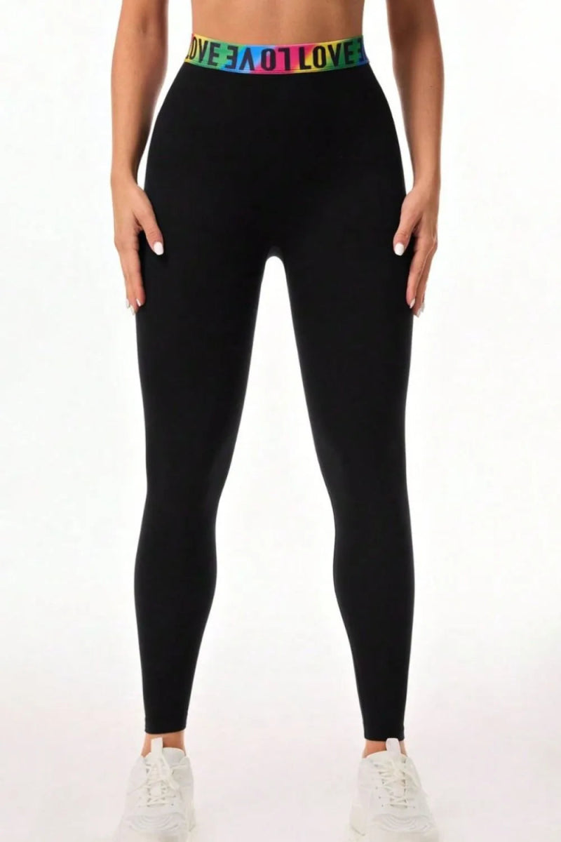 Letter Printed High Waist Active Leggings - CELIVINE