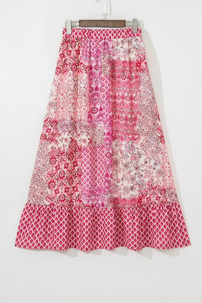 Printed Tassel Drawstring High Waist Maxi Skirt - CELIVINE