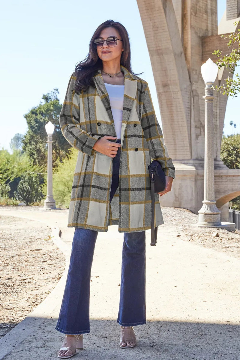 Double Take Full Size Plaid Button Up Lapel Collar Coat - CELIVINE
