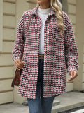 Houndstooth Button Up Long Sleeve Coat - CELIVINE