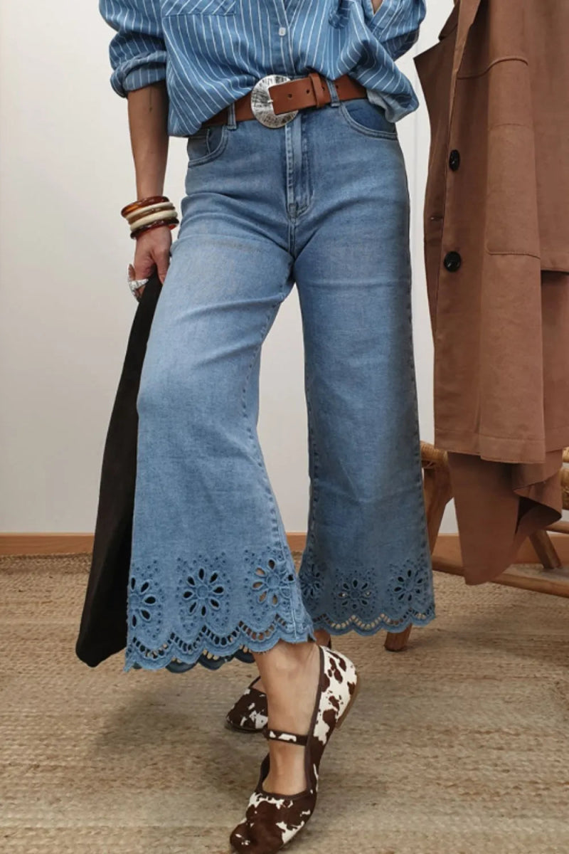 Lace Detail Cropped Wide Leg Jeans - CELIVINE