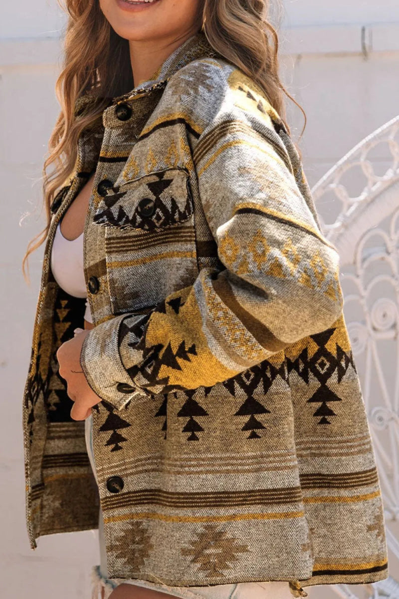 Pocketed Geometric Collared Neck Jacket - CELIVINE