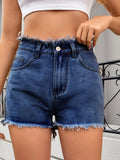 Washed Raw Hem Denim Shorts - CELIVINE