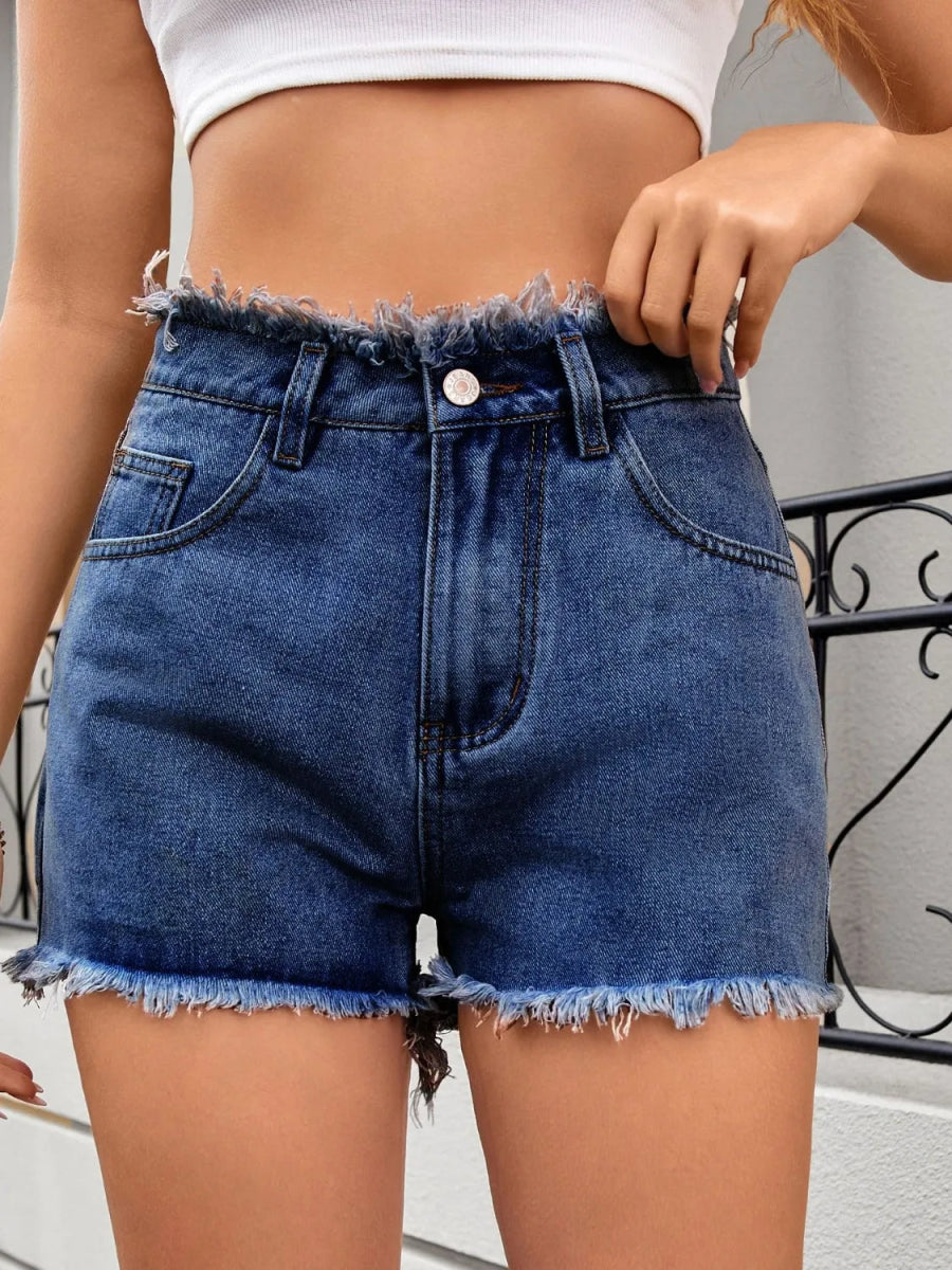 Washed Raw Hem Denim Shorts - CELIVINE