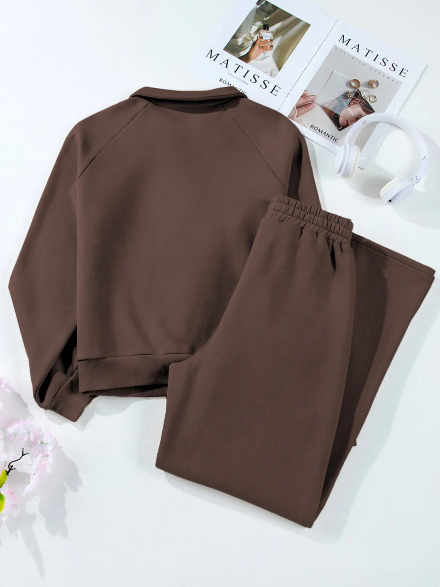 Collared Sweatshirt and High Waist Pants Active Set - CELIVINE