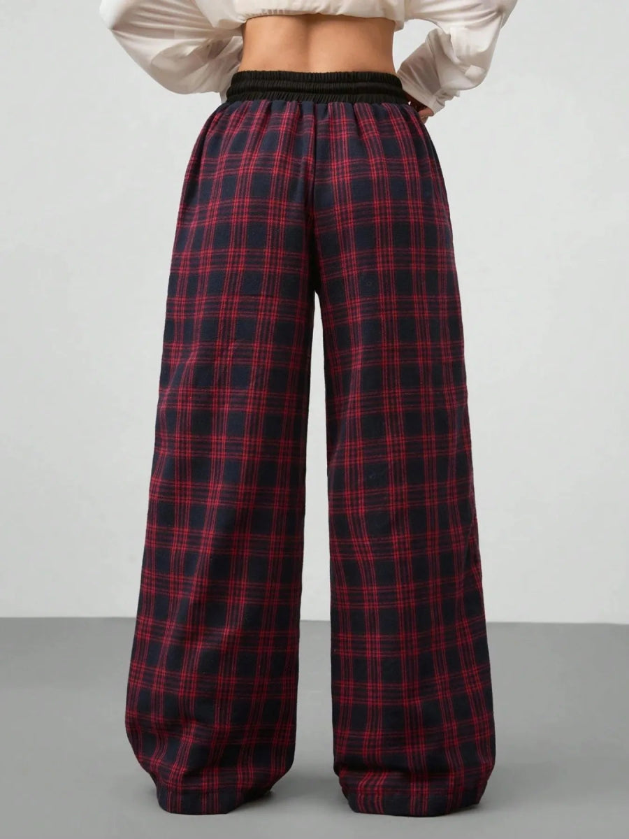 Plaid Wide Leg Pants with Drawstring Waist - CELIVINE