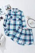 Plaid Snap Down Long Sleeve Top and Shorts Lounge Set - CELIVINE