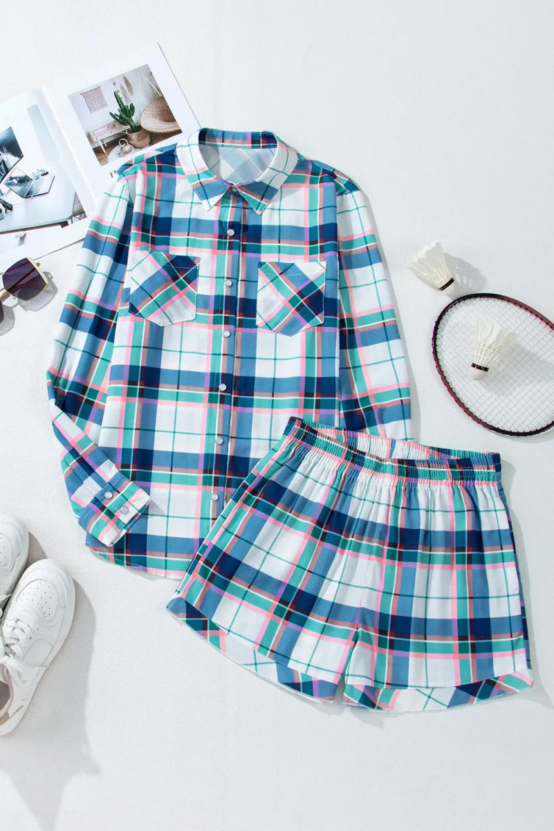 Plaid Snap Down Long Sleeve Top and Shorts Lounge Set - CELIVINE