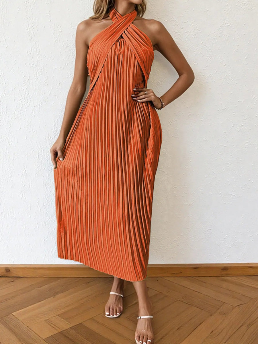 Pleated Halter Neck Midi Dress - CELIVINE