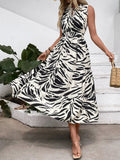 Printed Notched Sleeveless Midi Dress - CELIVINE