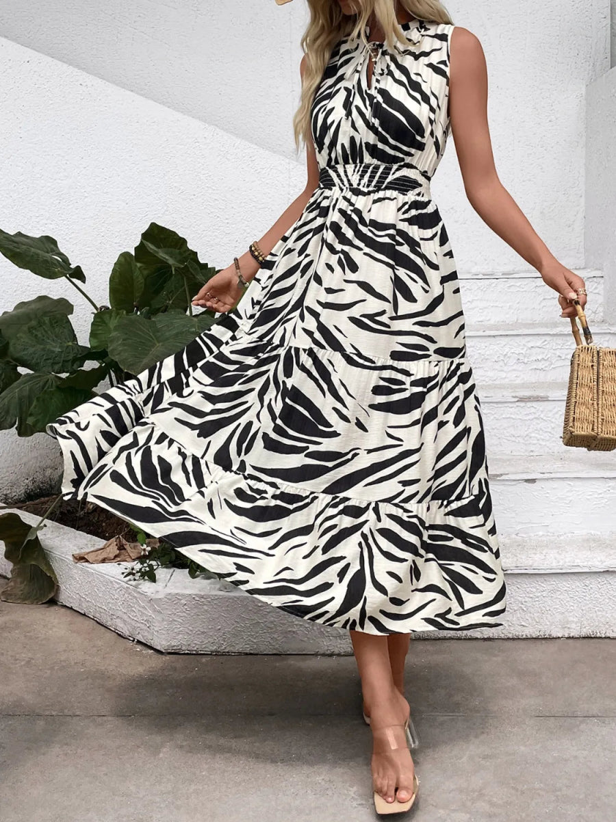 Printed Notched Sleeveless Midi Dress - CELIVINE