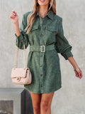 Button Front Belt Long Sleeve Corduroy Dress - CELIVINE