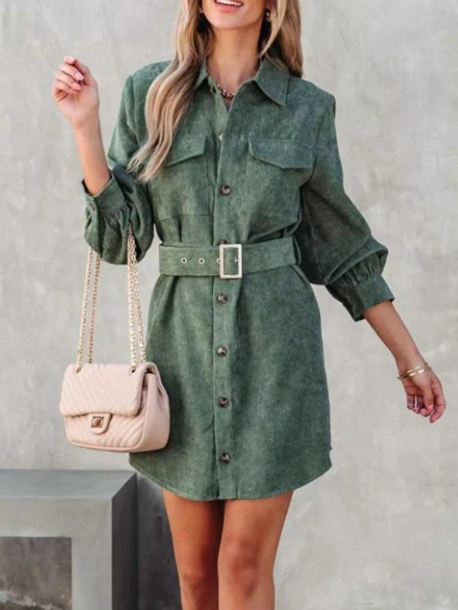 Button Front Belt Long Sleeve Corduroy Dress - CELIVINE