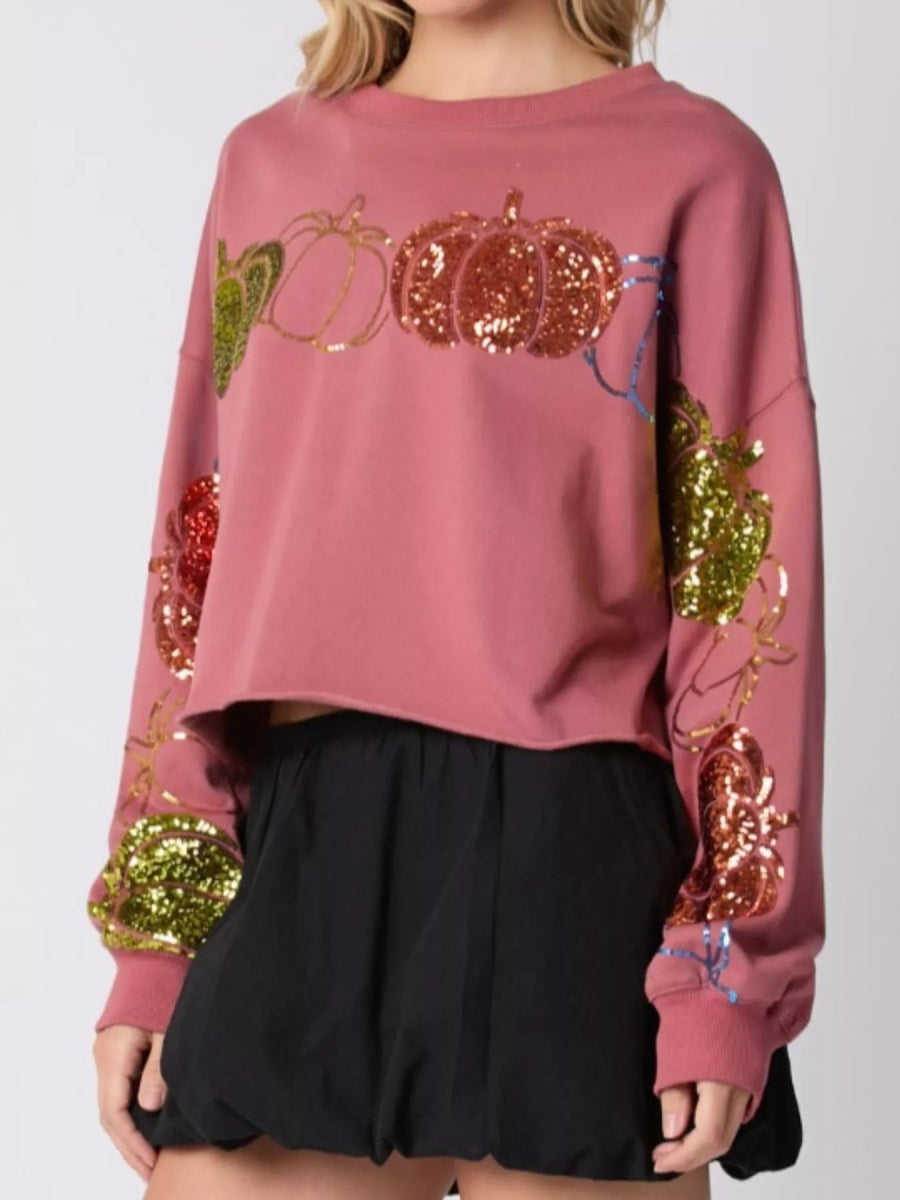 Sequined Pumpkin Halloween Crop Sweatshirt - CELIVINE
