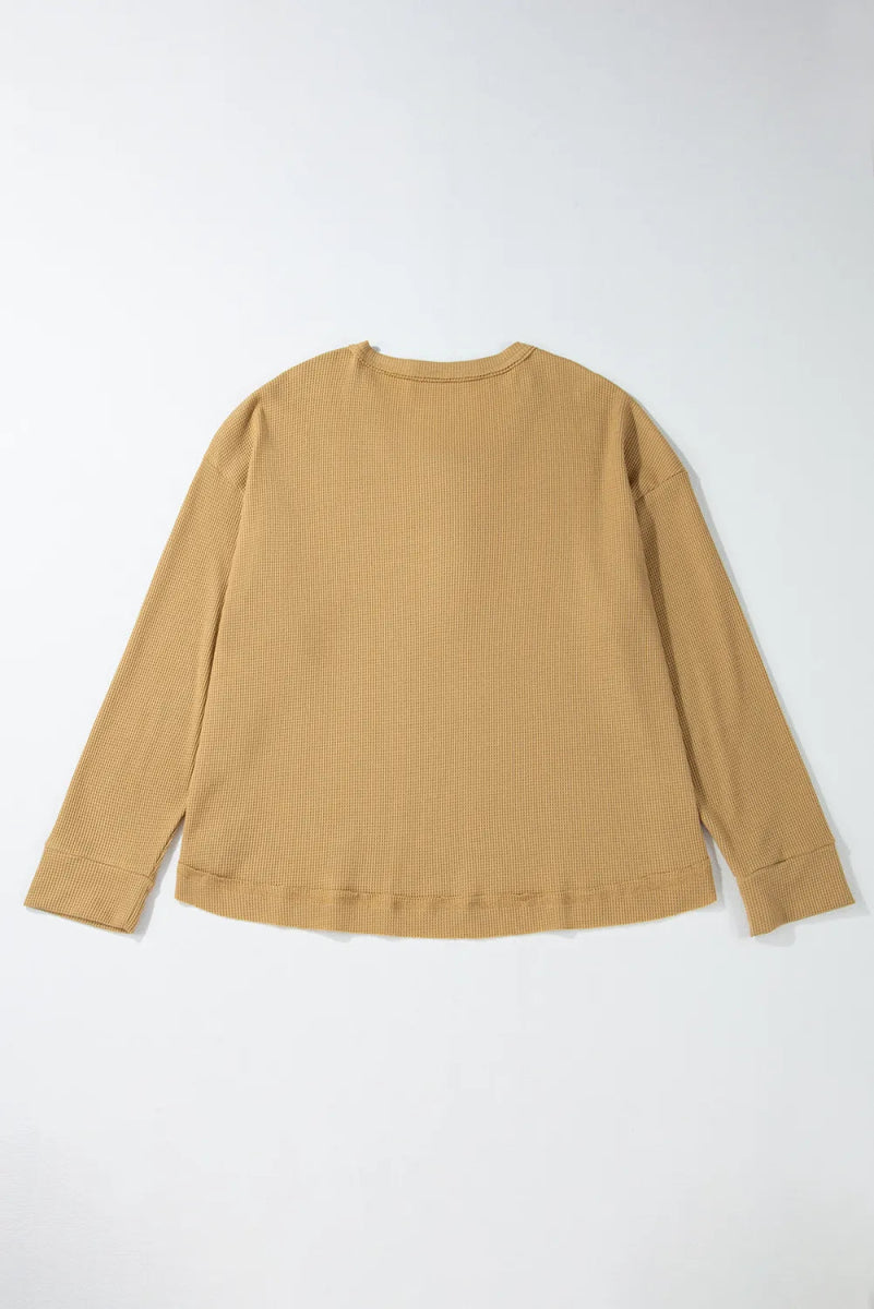 Waffle - Knit Half Button Round Neck Long Sleeve Top - CELIVINE