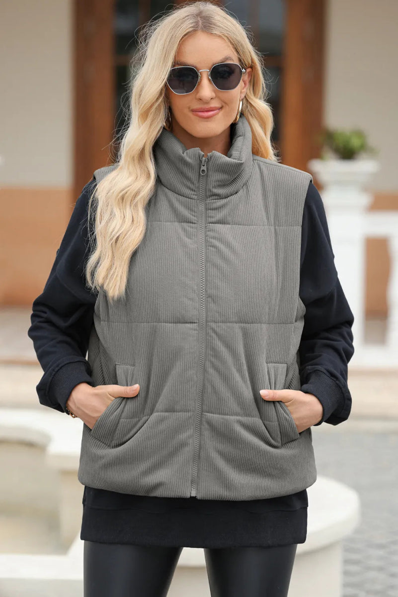 Pocketed Zip Up Turtleneck Vest Coat - CELIVINE