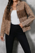 Fringe Trim Snap Down Denim Jacket - CELIVINE