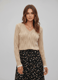 Pearl Beaded Pointelle Knit V Neck Lace Patchwork Sleeve Sweater - CELIVINE