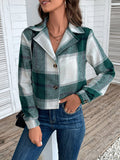Plaid Collared Neck Button Up Long Sleeve Jacket - CELIVINE