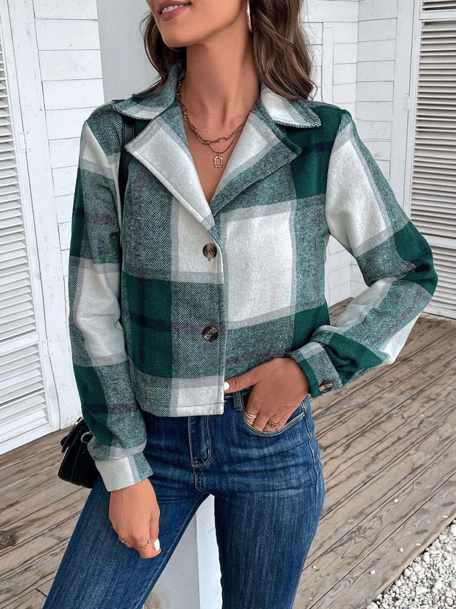 Plaid Collared Neck Button Up Long Sleeve Jacket - CELIVINE