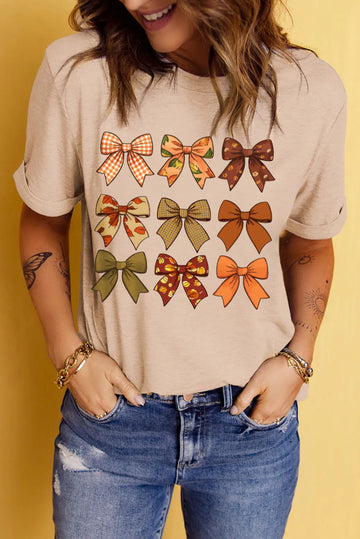 Bow Graphic Round Neck Short Sleeve T-Shirt - CELIVINE
