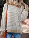 Stripe Ribbed Trim Drop Shoulder Long Sleeve Oversize Top - CELIVINE