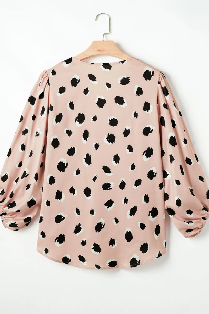 Contrast Animal Print V - Neck Long Sleeve Blouse - CELIVINE