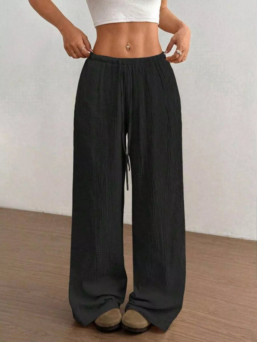 Full Size Drawstring Wide Leg Pants Plus Size - CELIVINE